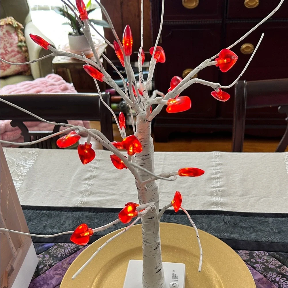 Illuminated Faux Birch Tree with or without Vibrant Red Hearts;Battery Operated